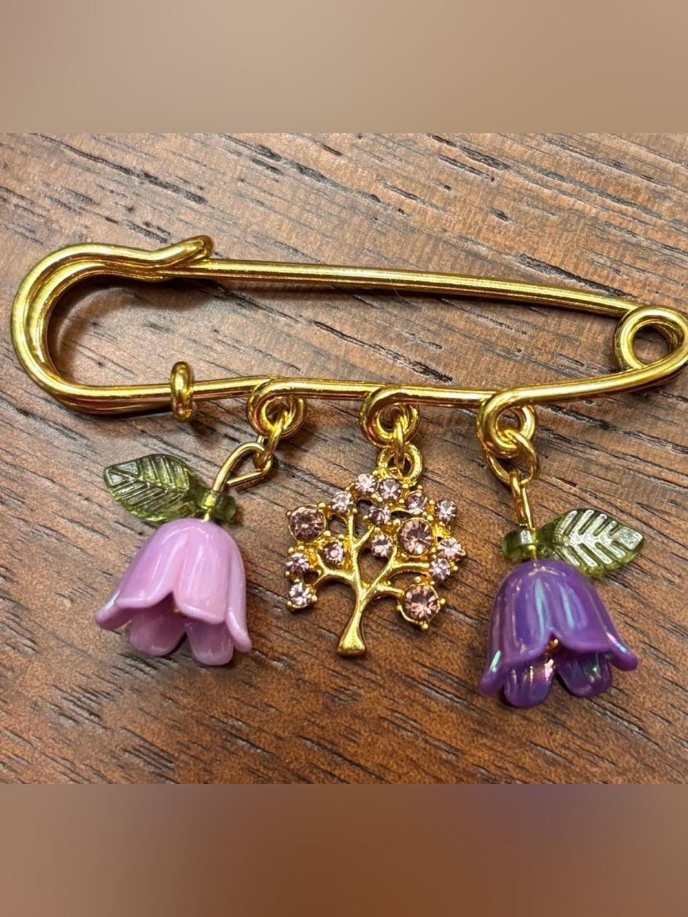 Small new Gold Floral Tree Brooch with Purple Charms